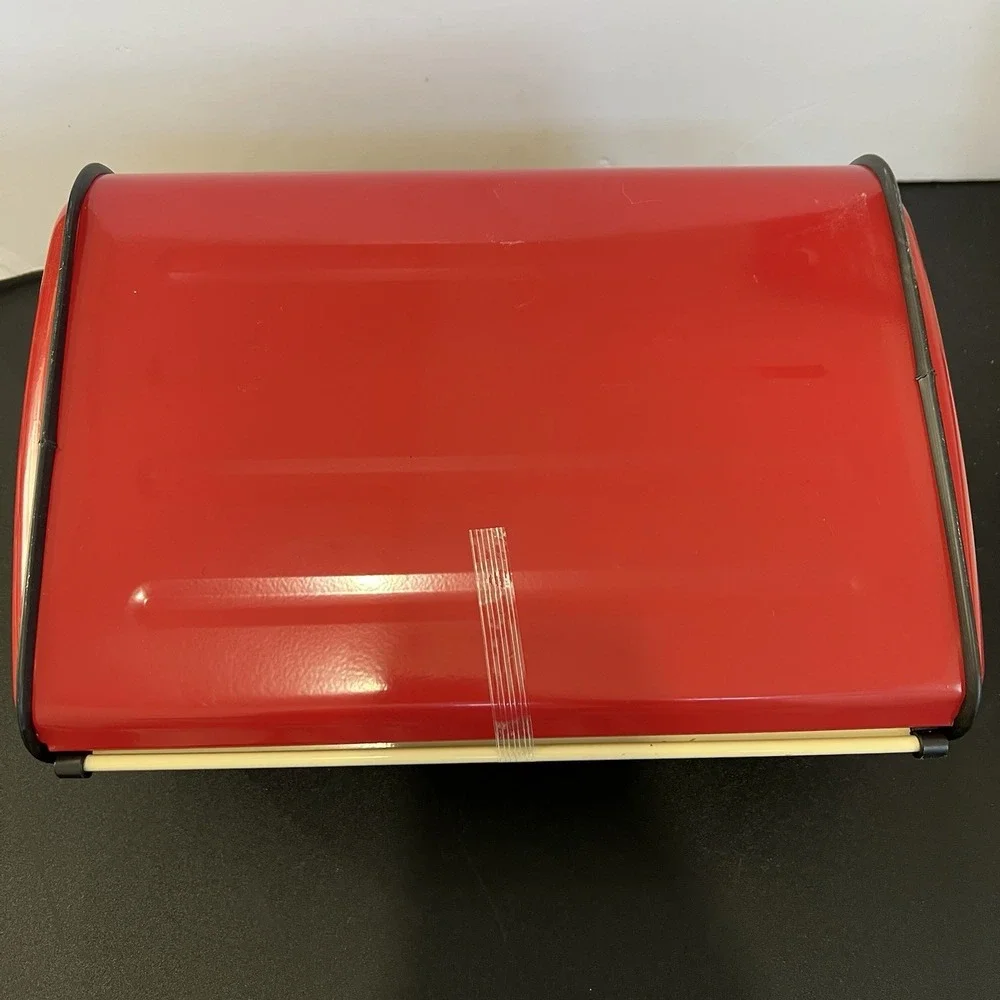 Retro Red Metal Roll Top Bread Box Fresh Bakery Coffee‎ Graphic Kitchen Storage